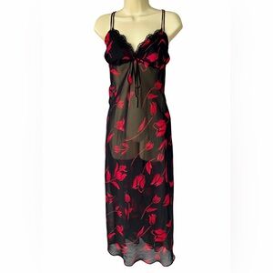Vintage La Senza Black Red Lace Slip Dress Y2K Maxi Lingerie Large